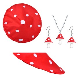 Hifot Pack of 3 White Polka Dot Mushroom Costume Adult Mushroom Hat Cosplay Kids Funny Earrings Necklace Pendant Red Funny Plush Novelty Hat Mushroom Jewellery Toadstool Costume