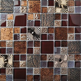Special Carving Mosaic Art Accent Tile Red Brown Color Glass Wall Backsplash Tiles Rose Gold Metal Kitchen Bath Walls Decor TSTFLY16 (5 Square Feet)