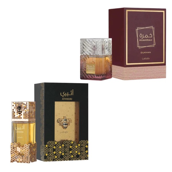 Lattafa (2pc Bundle Pack) Atheeri + Khamrah Dukhan 3.4oz Perfume