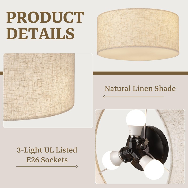 Vexagyle 13inch Semi Flush Mount Ceiling Light Fixture,3-Light Ceiling Mount