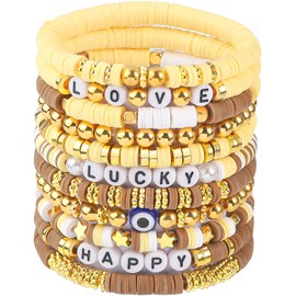 Gushu 11pcs Surfer Heishi Clay Bead Bracelets for Women Bohemian Stackable Friendship Bracelets Preppy Evil Eye Vinyl Disc Beaded Stretch Bracelets Elastic Layering Bracelets Jewelry