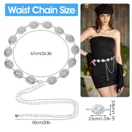 Prasacco Western Belts for Woman Metal Concho Belt Cowgirl Chain Belts Silver Vintage Western Belt for Dresses Jeans Country Concert Outfit