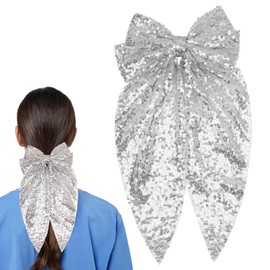 JazSwirl Hair Bows for Women, 20x38cm Large Hair Bows Clip Black and Silver, Cute Hair Bow Clips Ribbon Bows for Hair (Silver)