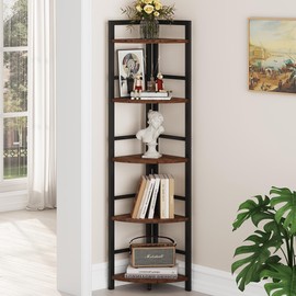 BON AUGURE 5 Tier Corner Bookshelf, Industrial Corner Shelf, Narrow Freestanding Corner Bookcase, Tall Display Corner Shelf Stand for Living Room, Bathroom, Kitchen, Home Office (Rustic Oak)