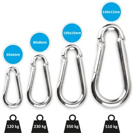 C.P. Sports carabiner hooks 80 mm x 8 mm, maximum load 230 kg and 60 mm x 6 mm, maximum load 150 kg, pack of 1 - 60 carabiner hooks 100 mm x 10 mm, 140 mm x 12 mm snap hook., silver