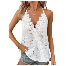 SHENHE Women's Eyelet Tank Tops Open Back Lace Wrap V Neck Halter Summer Vacation Boho Top White Medium