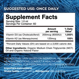 USDA Organic Liquid Vitamin D3 K2 Drops for Adults | Superdose 8000IU Pure Vitamin D3 | 60 Serv | Vitamin D K2 Supplement for Immune Support & Bone Health | 98% Absorption | Vegan, Non-GMO | 2 Fl Oz