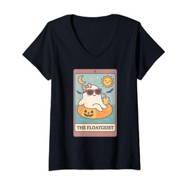 Womens Summerween The Floatgeist Summer Funny Cute Ghost Tarot Card V-Neck T-Shirt