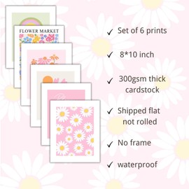 Pink Flower Market Wall Art Boho Wall Decor,Cute Room Decor For Teen Girls, Botanical Plant Daisy Pictures for Bedroom Decor,Danish Pastel Wall Art for Teen Girls College Dorm Apartment Decor UNFRAMED