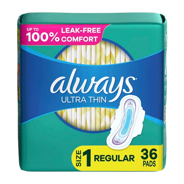 Always Ultra Thin Feminine Pads For Women, Size 1 Regular Absorbency, Multipack, With Wings, Unscented, 36 Count x 2 Packs (72 Count total)