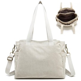 yumemono Women's Canvas Tote Bag, Large Capacity, A4 (3 Compartments, Freestanding with 3 Compartments), Shoulder Bag, Cross-Body Bag, For Commuting to Work or School, Canvas Pockets (Off-White)