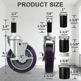 OK5STAR 5 Inch Expanding Stem Caster Wheels Set of 4 for Table Legs, Expandable Stem Caster All with Brake Fit 7/8", 1", 1-1/2" and 1-5/8" Inner Diameter Tube Leg Adapter Caster
