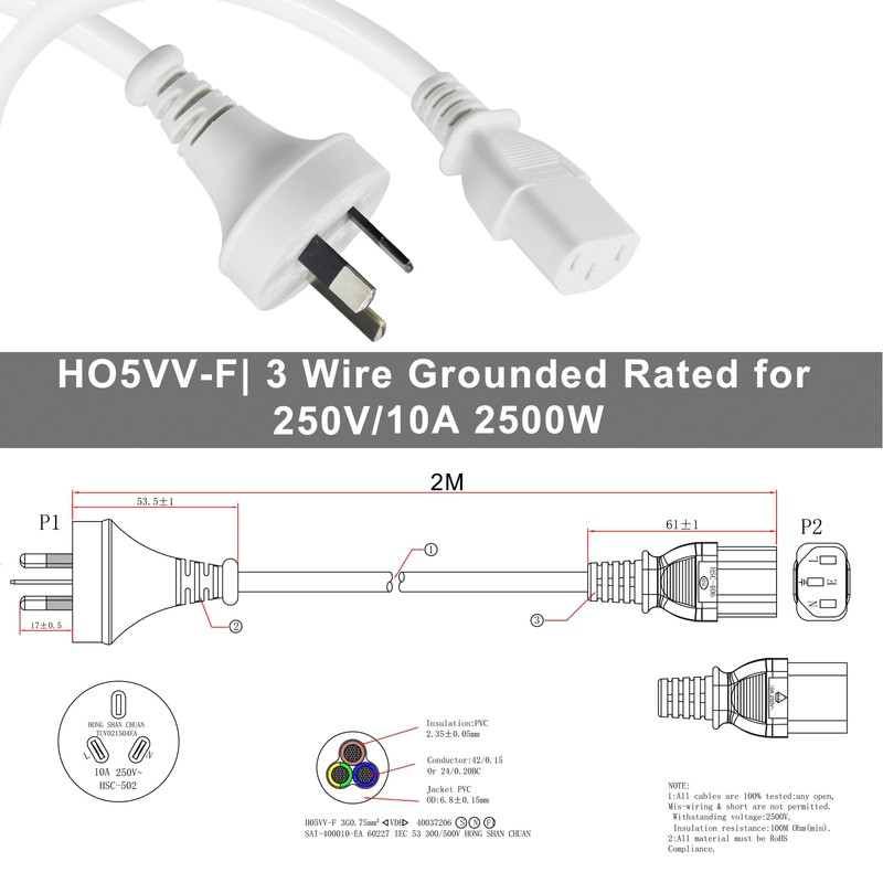 White PC IEC Power Cable 2m Ac 250V 10A Australian