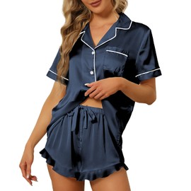 SAPJON Satin Silk Pajamas for Women 2Pcs Ruffle Notch Collar Sleepwear Button Down Short Sleeve Shorts Pjs Set Loungewear Navy