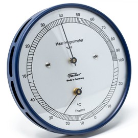 Fischer 111.48T - Hair Hygrometer with Thermometer - 103 mm Outdoor Humidity Meter Made in Germany - Stainless Steel Blue
