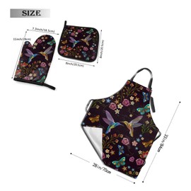 Oplp Beautiful Humming Bird 3 Piece Kitchen Set Waterproof Apron with Oven Mitt and Pot Holder Tropical Flowers Cooking Adjustable Apron Microwave Glove Potholder