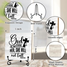 Christian Wooden Sign - God Is Within Her She Well Not Fall - Desk Decor Sign With Stand, Home Office Decor Funny Gifts Office Table Desk Decor Accessories & Supplies, 5X5 Inches-A36