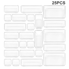25 Piece Clear Plastic Drawer Organizers Set, 4-Size Modular Stackable Trays for Bathroom, Desk, Makeup, Jewelry, Kitchen Utensils and Home Storage,Shatter-Resistant, Anti-Slip Drawer Dividers