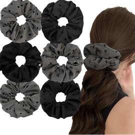 Soft Chiffon Floral Scrunchies for Women girls, black love heart bowknot polka dot Large Hair accessories, Elegant Cute Small Flower hair bands ponytail thin curly hairs (6Pcs Black bow polka dot)