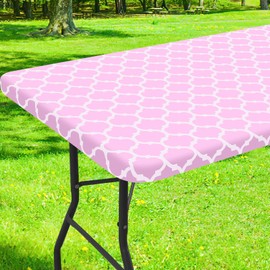 Smiry Rectangle Picnic Table Cover, Waterproof Elastic Fitted Camping Tablecloths for 6 Foot Tables, Wipeable Flannel Backed Vinyl Tablecloth Protector for Indoor, Outdoor (Pink, 30x72 Inches)