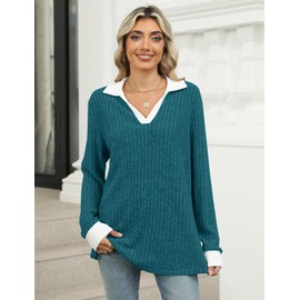 Gemulate Ladies Sweatshirts Jumpers for Women UK Womens Long Sleeve Tops Ladies Loose Jumpers Polo Neck Sweatshirt Casual Top -Peacock Blue, M