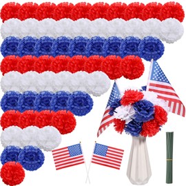 Thiccywoov 100 Pcs Memorial Day Patriotic Flower Included 90 Red Blue White Artificial Silk Marigold 10 American Flags and 100 Flower Stem Fake Marigold for Veterans Day Independence Day