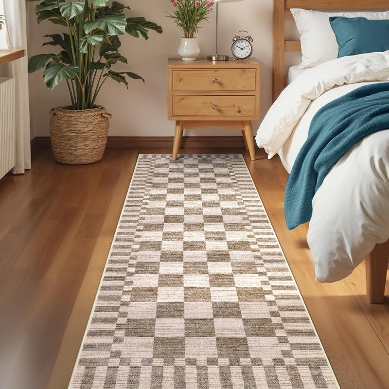 GarveeHome 2×6 Kitchen Runner Rug Non Slip Brown Checkered Rug,Washable