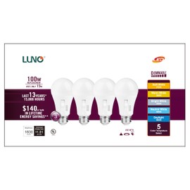 LUNO A19 Dimmable LED Bulb, 15W (100W Equivalent), 1600 Lumens, Color Selectable, 2700K, 3000K, 3500K, 4000K, 5000K, 5CCT, UL Listed (4-Pack)