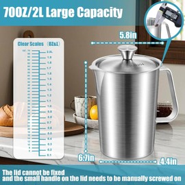70 oz Stainless Steel Pitcher with Lid, Metal Measuring Cup with Marking with Handle, 2 L Large Mouth Graduated Beakers, Milk Frothing Jug for Espresso Machines, Latte Art, Iced Tea, Hot/Cold Water