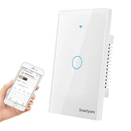 Smartyuns WiFi Smart Light Switch White, Modern Tempered Glass Panel Wall Touch Switch US Standard Single Pole Switches Works with Alexa, Google Assistant,SmartLife APP(1 Gang Light Switch White)