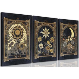 FWAHREN Sun Moon Star Tarot Card Canvas Wall Art Set of 3, Vintage Gothic Celestial Pictures Prints, Mystical Astrology Paintings, Witchy Dark Academia Wall Decor, Bedroom Living Room Office, 12x16in