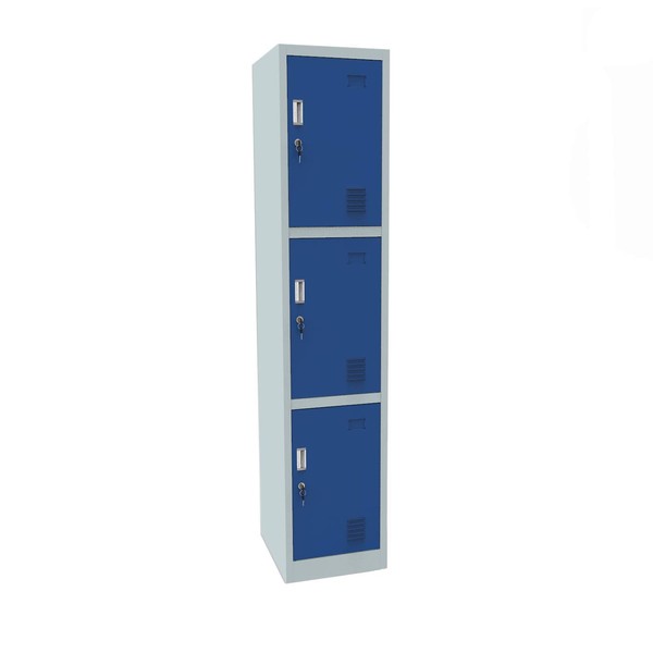Racking Solutions 3 Door Metal Storage Lockers, Blue & Grey Steel Lockable Unit, Staff Gym School Changing 1850mm H x 380mm W x 450mm D
