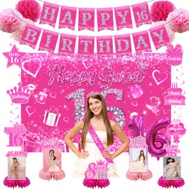 Sweet 16 Birthday Decorations for Girls, Sweet 16 Party Decorations for Girls Happy 16th Birthday Banner Hot Pink Sweet 16th Decorations for 16th Birthday Party Supplies