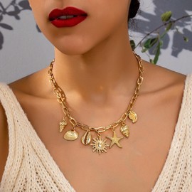 YANCHUN Gold Starfish Sea Shell Necklace Beach Charm Pendant with Cowrie Shells for Women Boho Summer Necklaces Gift for Summer Vacation Accessories