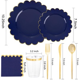 LIYH 210pcs Blue Plastic Dinnerware Set Navy Blue Plastic Scalloped Plates Heavyweight Plastic Dark Blue Disposable Plates Bridal Shower Plates Gold Silverware Napkins Cups for Birthday Wedding