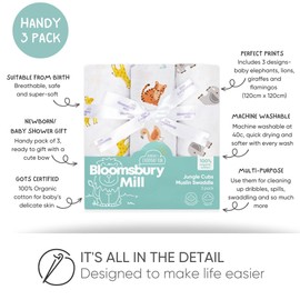 Bloomsbury Mill - Pack of 3 – Muslin Cloth for Baby Swaddles - 100% Pure Organic Cotton Muslin Baby Blankets in Gift Box – Baby Essentials for Newborn – Jungle Animal Cubs - 120cm x 120cm