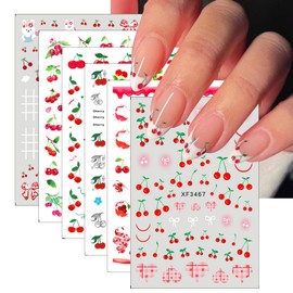 6 Sheets Summer Fruit Nail Art Stickers Cute Rabbits Nail Sticker Bow Nail Design 3D Self-Adhesive Cherry Strawberry Nail Decals Nail Supplies for Women and Girl Acrylic Manicure Decoration