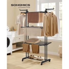 SONGMICS Clothes Drying Rack Stand 4-Tier, Foldable Laundry Drying Rack 68.1-Inch Tall, Stainless Steel, Rolling Clothes Horses Dryer Rack, Easy to Assemble, Indoor Outdoor Use, Ink Black ULLR701B01