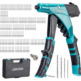 LIBRATON Professional Heavy Duty Rivet Gun, One-Handed Pop Rivet Gun Set, Robust Riveter with Shaft Container, Manual Riveting Tool, Tool-Free Interchangeable Heads, for Metal, Wood and Plastic