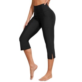 ATTRACO Womens Swimming Bottoms Rash Guard Leggings High Waist Pants Sports Tights with Pockects Black X-Large