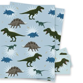 Dinosaur Wrapping Paper - T-rex Velociraptor Stegosaurus Gift Wrap - 2 Sheets and 2 Tags - 70 x 50cm - Birthday or Any Occasion