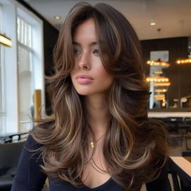 Long Wavy Honey Brown Layered Wig with Curtain Bangs for White Black Women,Synthetic Highlight Blonde Layered Long Wavy Natural Brown Shaggy Wigs with Thin Hair for Women 24inch 4H27