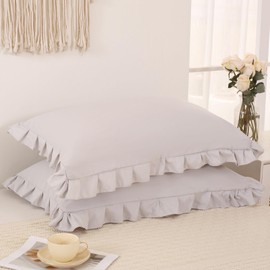 Beige Gray Pillow Shams Cute Ruffle Standard Pillowcases Solid Pillow Cover Set of 2 Shabby Chic Soft Light Gray Pillowcases 2 Pack (Queen (20''x30''), Beige Gray)