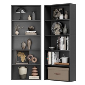 oneinmil Bookshelf 5-Tier Set of 2 Open Bookcase and Bookshelves Wooden Floor Standing Display Wide Storage Shelves Rack 60" Tall for Home Offices, Living Rooms, and Bedrooms, Black