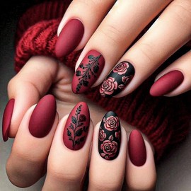 Red Press on Nails Medium Almond Fake Nails with Designs Flower False Nails Matte 5D Embossed Retro Rose Glue on Nails Valentine's Day Nails Nails Press on Acrylic Nails Black Stick on Nails for Women