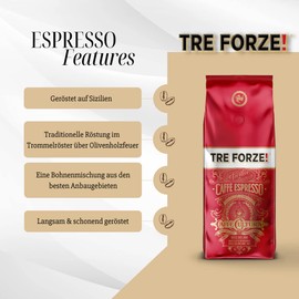TRE FORZE! Espresso Caffè 250 g in High-Quality Tin - Espresso Beans Traditional Roasting Over Olive Wood Fire Handmade - Premium Coffee Beans for Fully Automatic and Portafilter