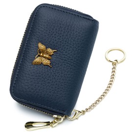 imeetu RFID Credit Card Holder for Women Genuine Leather Card Case Wallet with Zipper and Removable Keychain (Blue)