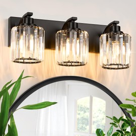 Haolaike 3 Lights Crystal Bathroom Vanity Light Modern Black Bathroom Light Fixture Bathroom Lighting Fixtures Over Mirror for Mirror