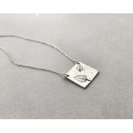 Sterling silver necklace with rustic square pendant with 2 stamped leaves gift for her (19, sterling silver)