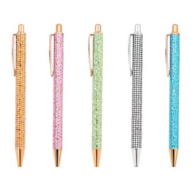 AKSIQIOL 5-Pack Glamorous Chrome-Plated Ballpoint Pens, 1.0mm Jet-Black Refillable Ink, Glitter-Trimmed Luxury Writing Instruments, Smooth Write, Reliable Flow, Perfect for Work, School, Gifts